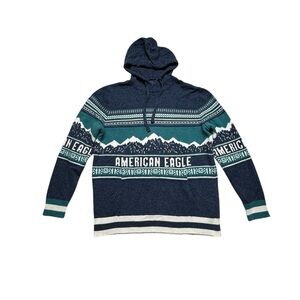 American Eagle Hooded Knit Sweater Mens Wool Blend Nordic Mountain Size Large